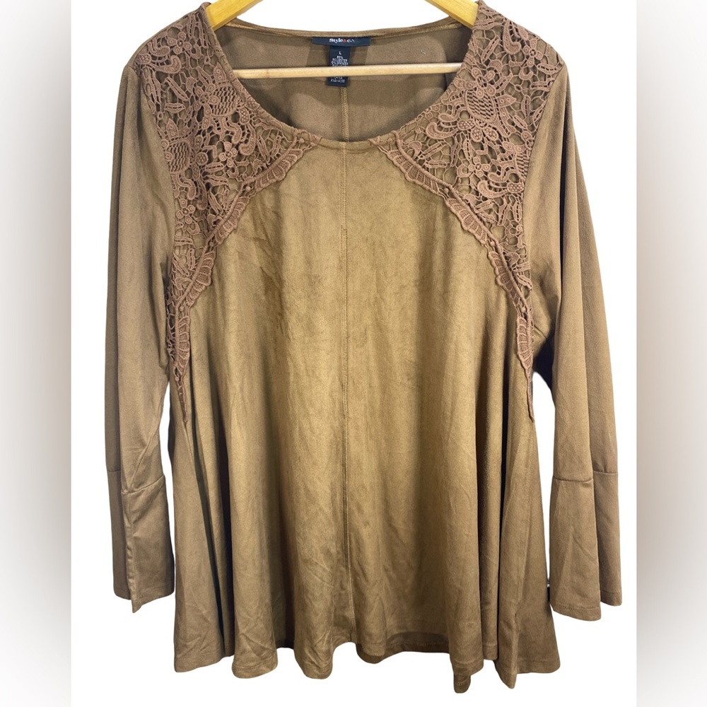 Style & Company Women’s Large Camel Brown Suede Feel Lace Detail Blouse